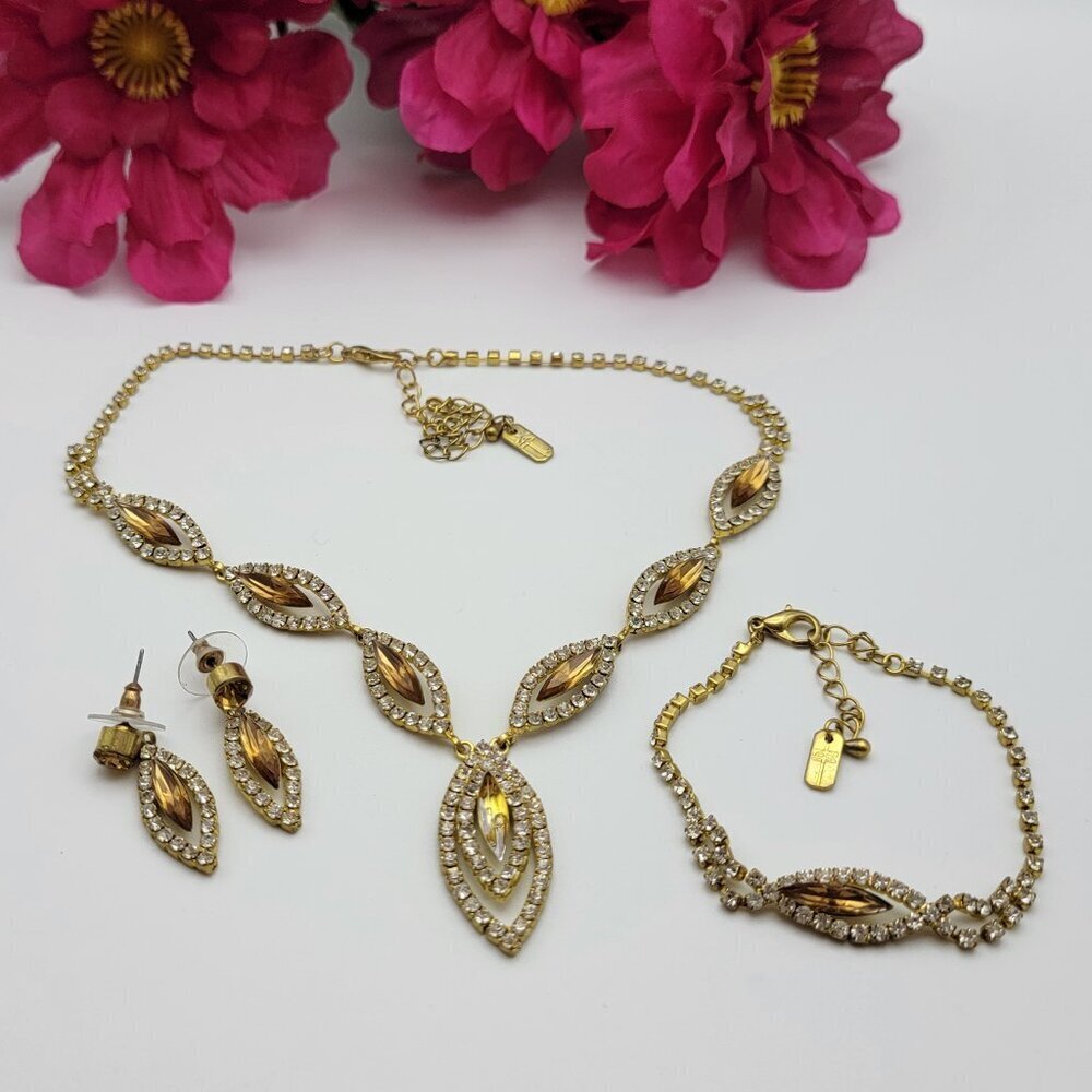Vtg. Christina Collection Gold Tone Crystal Necklace Bracelet And Earrings Set